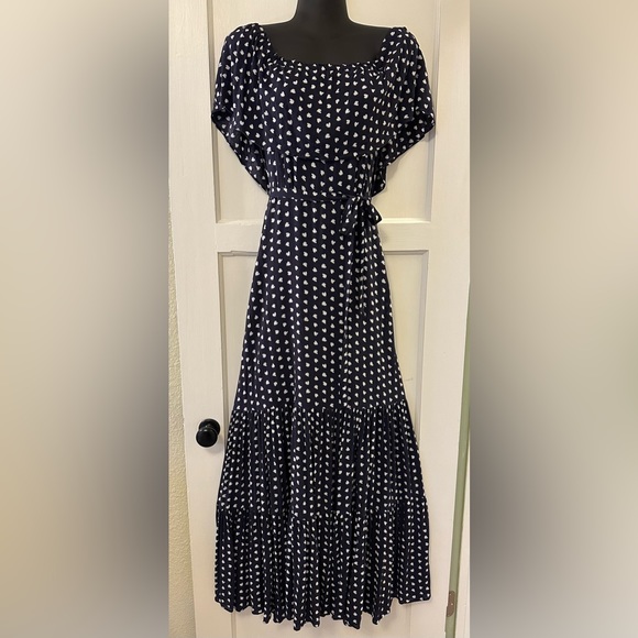 Ann Taylor LOFT Off the Shoulder Navy and White Flowy Dress - Picture 3 of 12